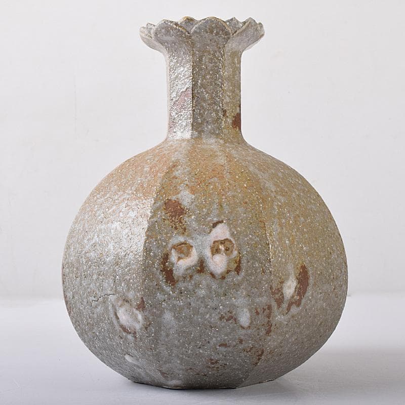 萬古焼　山本広巳作　輪花口　八角花入　共布共箱　V　R7981