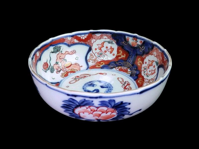 古伊万里　色絵　獅子に波千鳥の図　膾皿　春寒鉢　４客　 CZd