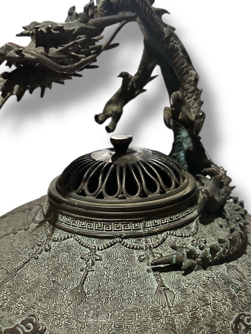 名工 米田秀保造 銅製 立龍提手 三足香炉 高岡銅器