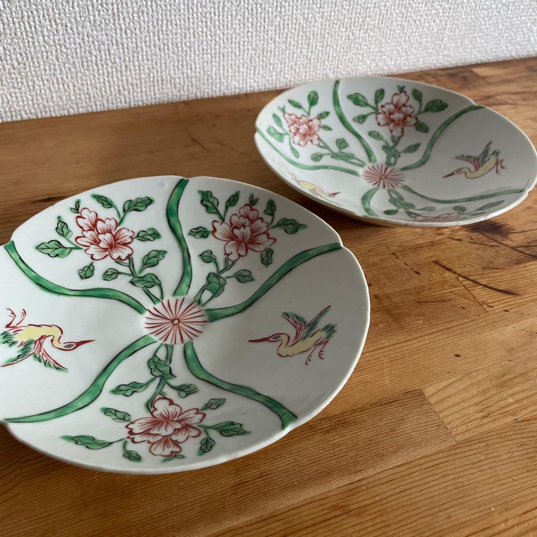 廣野俊彦　五彩花鳥絵輪花皿　南京色絵写　2客　定価33,000円