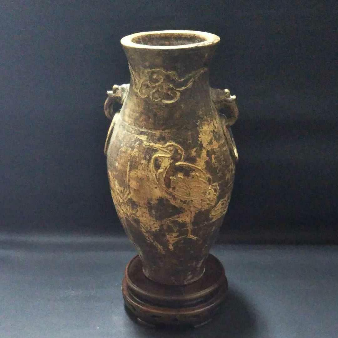 ※中国古美術/黃泥松鶴紋隻龍耳瓶/