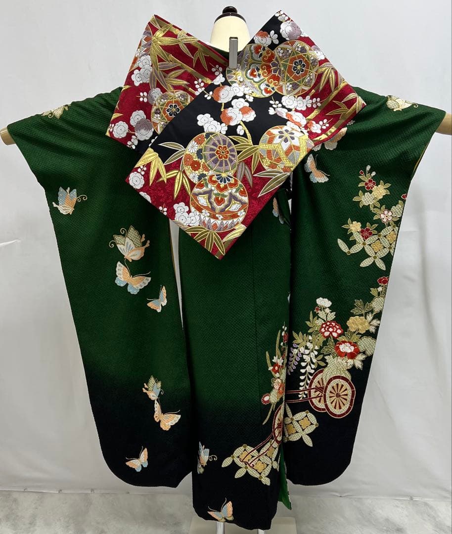 豪華　総絞り　振り袖　フルセット　別誂長襦袢付　金彩　刺繍　成人式　　緑　532