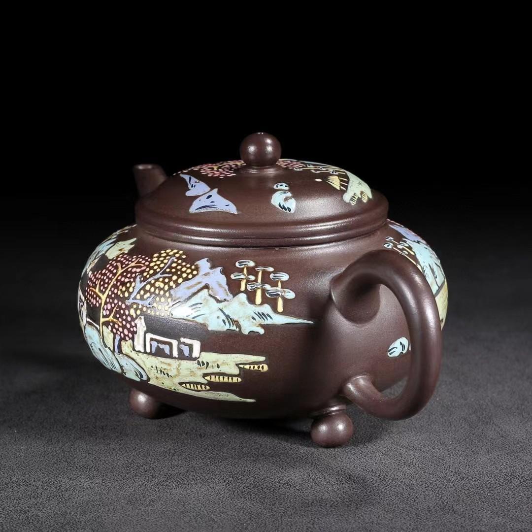 中国古美術・三足水平紫砂壺・ 底款：貢局・宜興原鉱・紫泥急須・茶壺・茶道具・置物