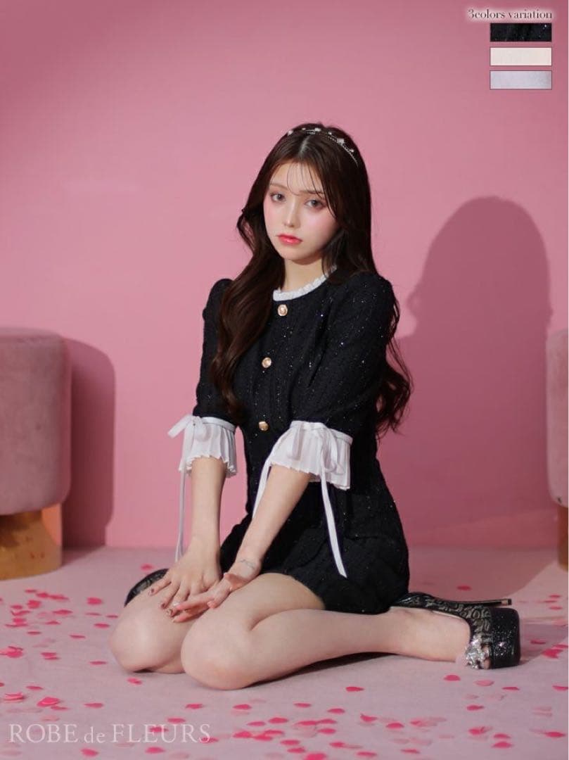ROBE de FLEURS ブラックツイードミニドレス