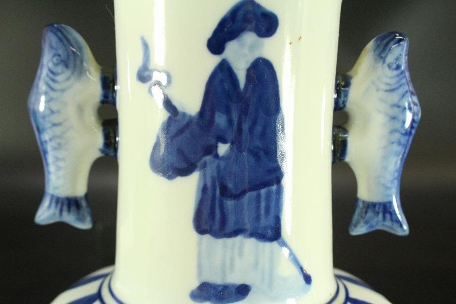 中国美術 染付 双魚耳 花瓶 茶道具(ZE424)