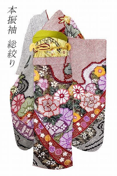★専用★美品 本振袖 総絞り 赤 墨黒 牡丹 菊 金彩加工 身丈162cm 正絹