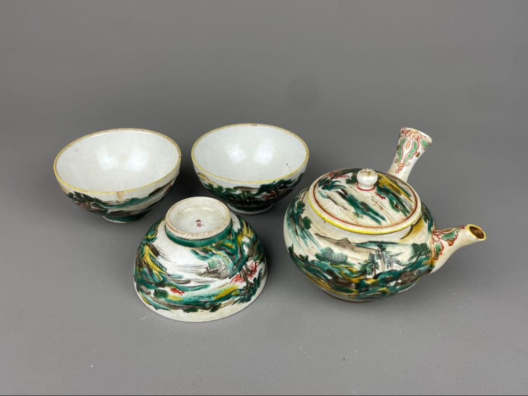 江戸期 古九谷 急須 湯呑み 3客 山水図 九谷焼 時代物 陶器 色絵 茶道具