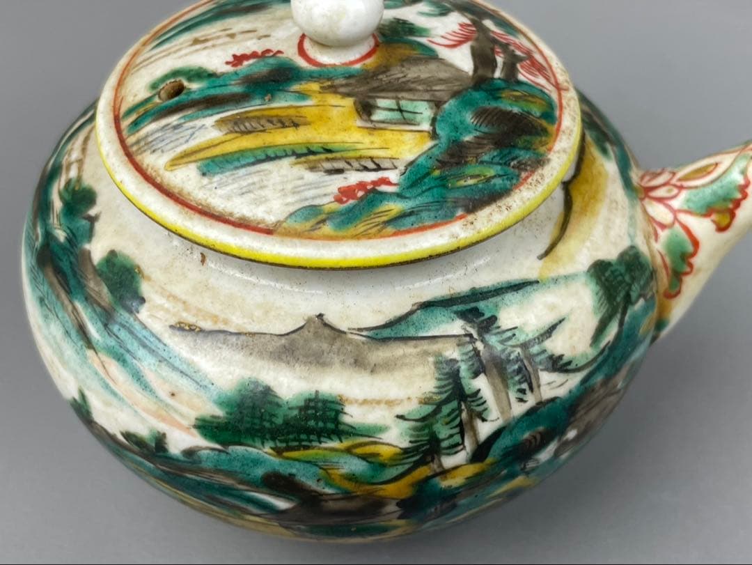 江戸期 古九谷 急須 湯呑み 3客 山水図 九谷焼 時代物 陶器 色絵 茶道具