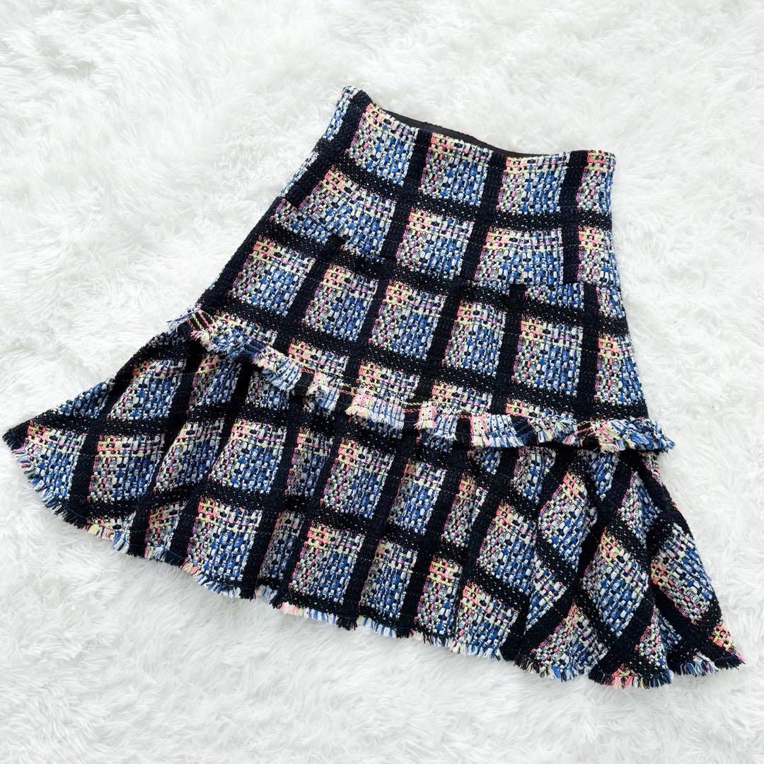 美品 CHANEL 09P ミックスツイードフレアスカート ロゴプレート 42