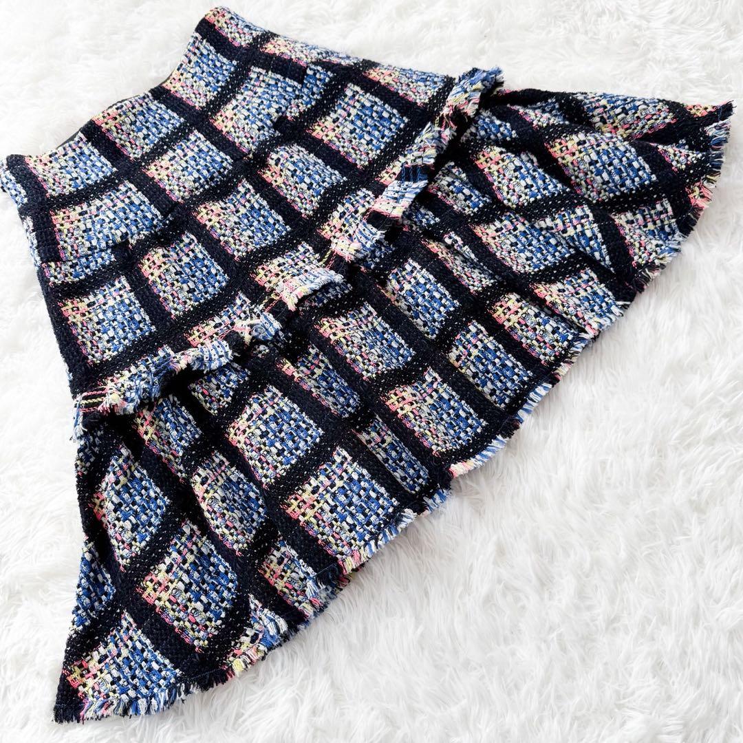 美品 CHANEL 09P ミックスツイードフレアスカート ロゴプレート 42