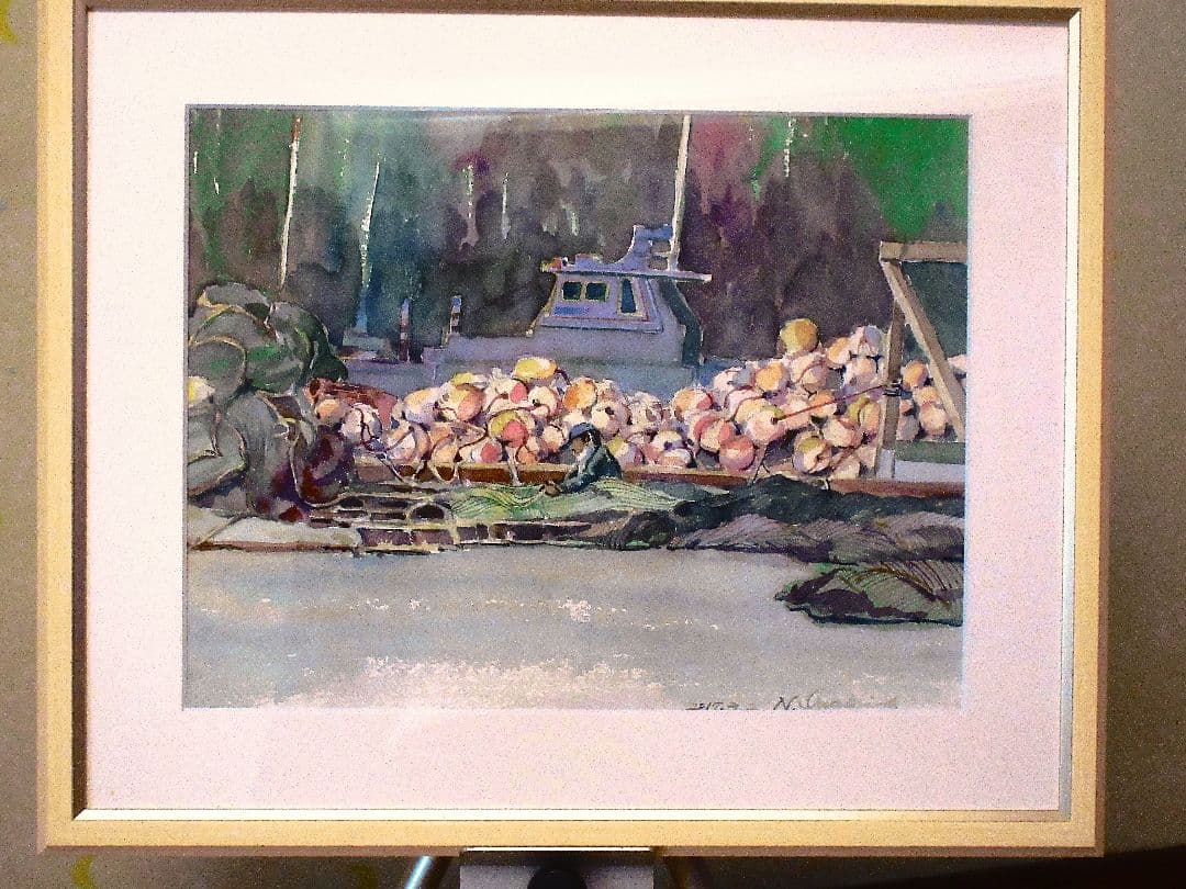 水彩画 網繕い( 額縁付き)