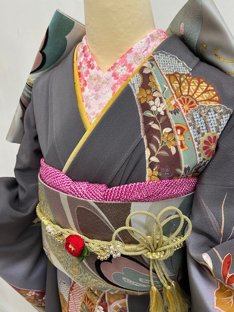 振り袖　フルセット　長襦袢付　金彩加工　しつけ付　振り柄有　重ね襟付き653