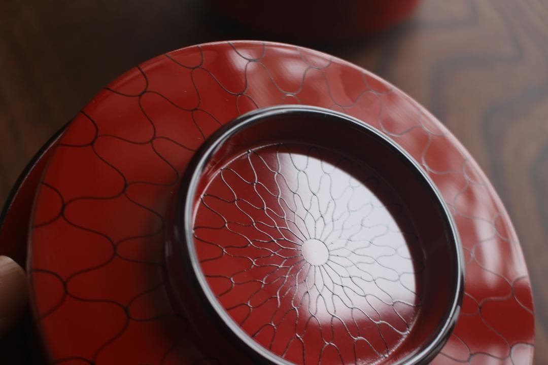 デッドストック！上質朱漆に風情ある網目文の映える筒形大椀2点（検京塗煮物椀