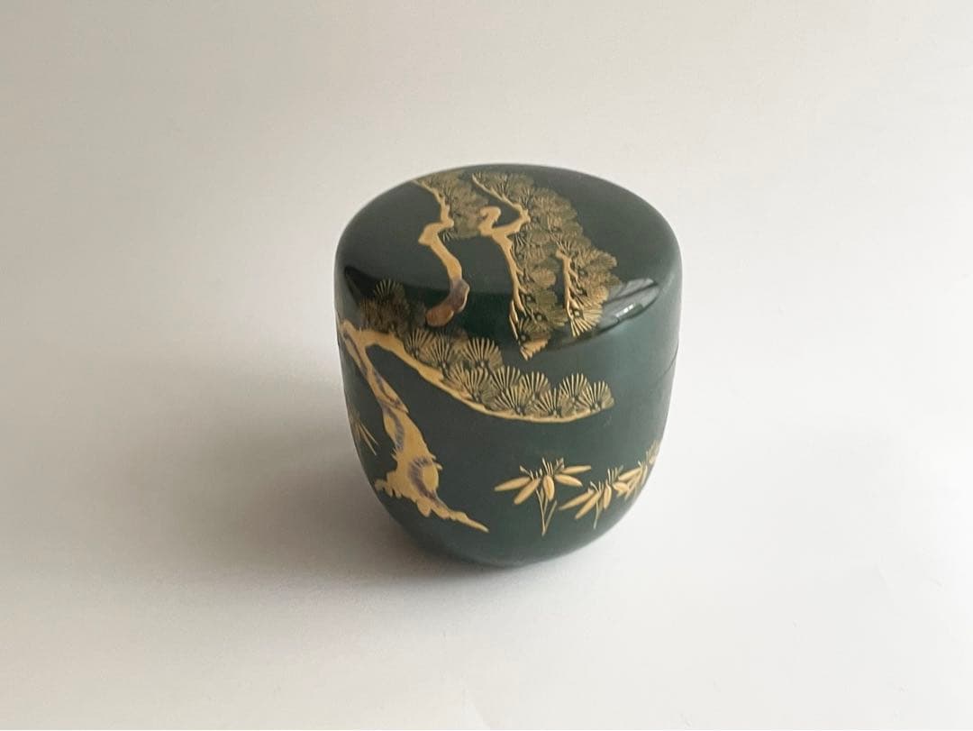 茶道具　平安　漆翁斎　青漆　松蒔絵　中棗　紫野　細合喝堂書付　共箱