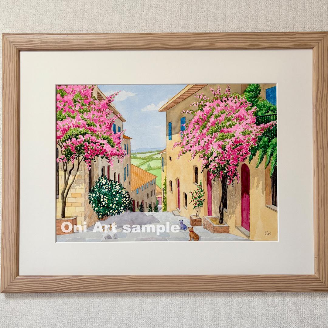 透明水彩画　原画　「花の咲く路地08」額縁付　B3サイズ　風景画