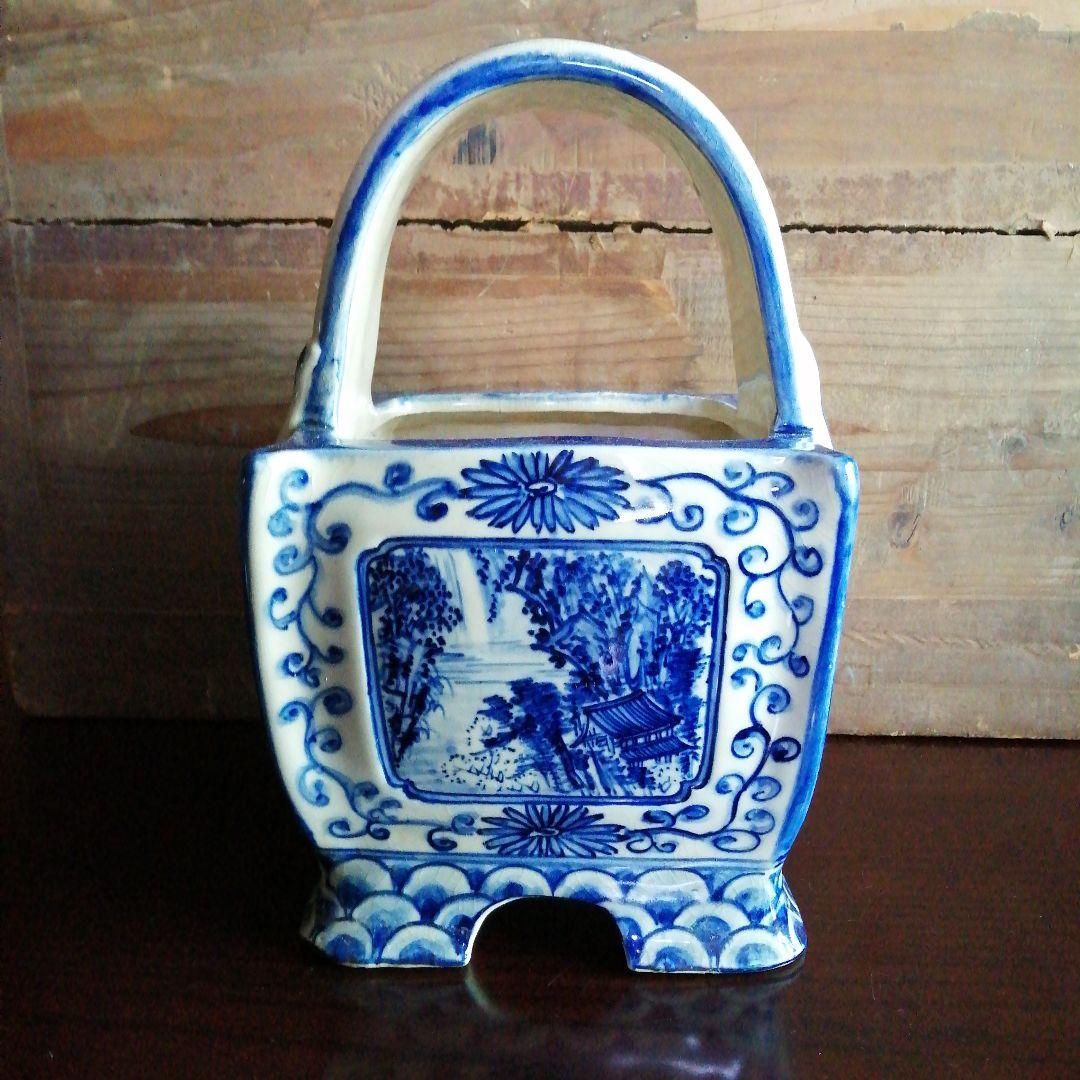 瀬戸焼　染付四方手桶　17.5cm　明治～昭和初期