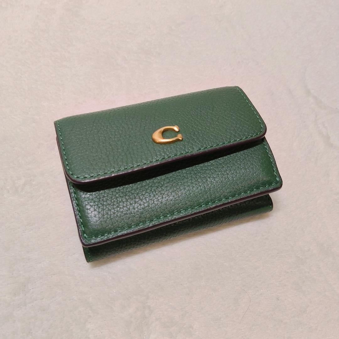 美品 COACH コーチ グリーン 折り財布 レザー ミニ トライフォールド