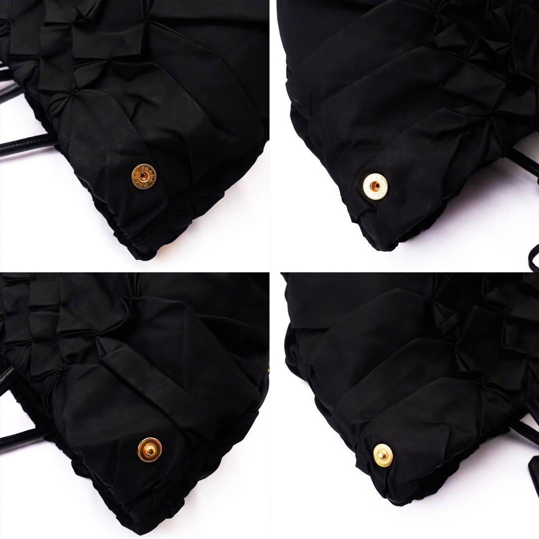 超美品 PRADA プラダ ブラック ナイロン レザー ハンドバッグ ギャザー