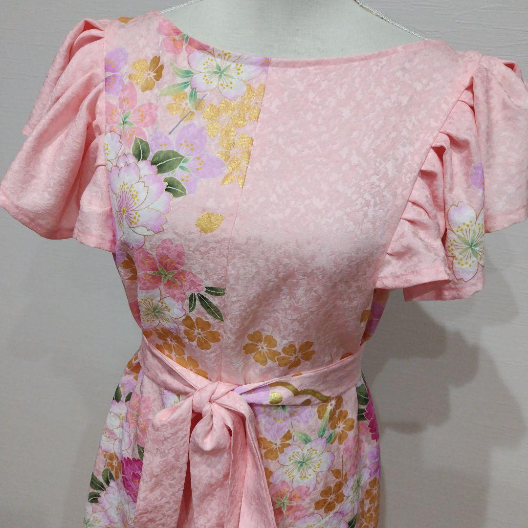 振袖　フリル袖　ワンピース　桜色　リボン紐付き