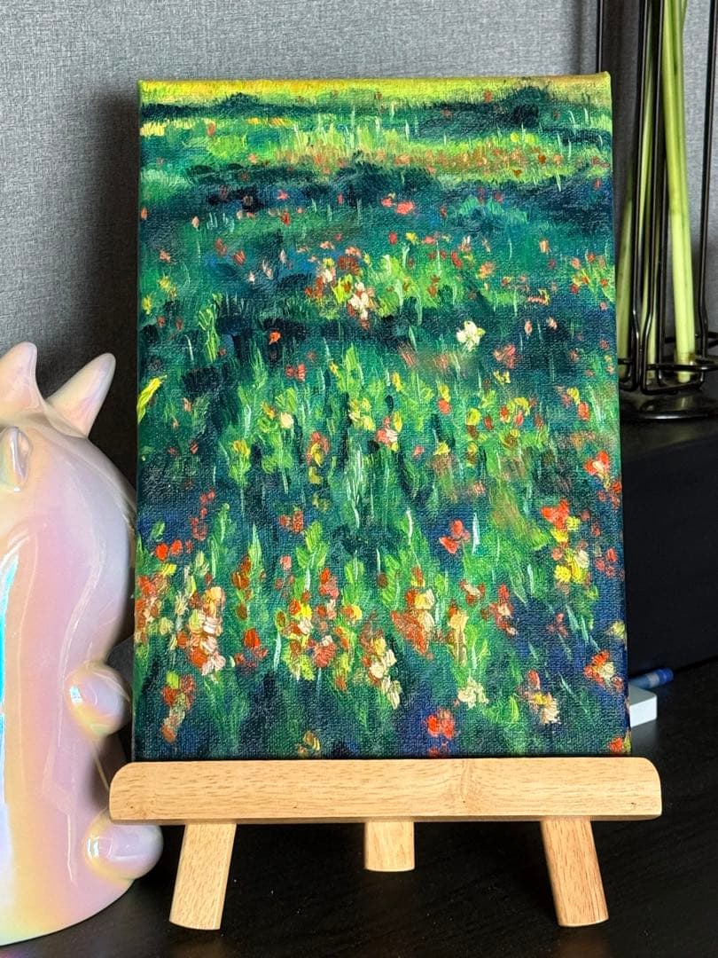 「花畑の夕陽」　手描き　油絵　風景画　原画　油彩画　印象派