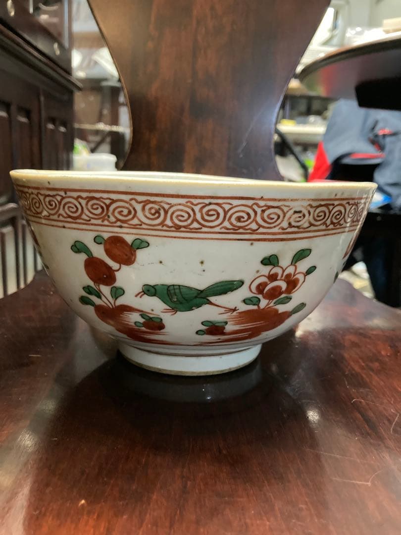 呉須赤絵　魁花鳥文鉢　中国　骨董　明、清時代