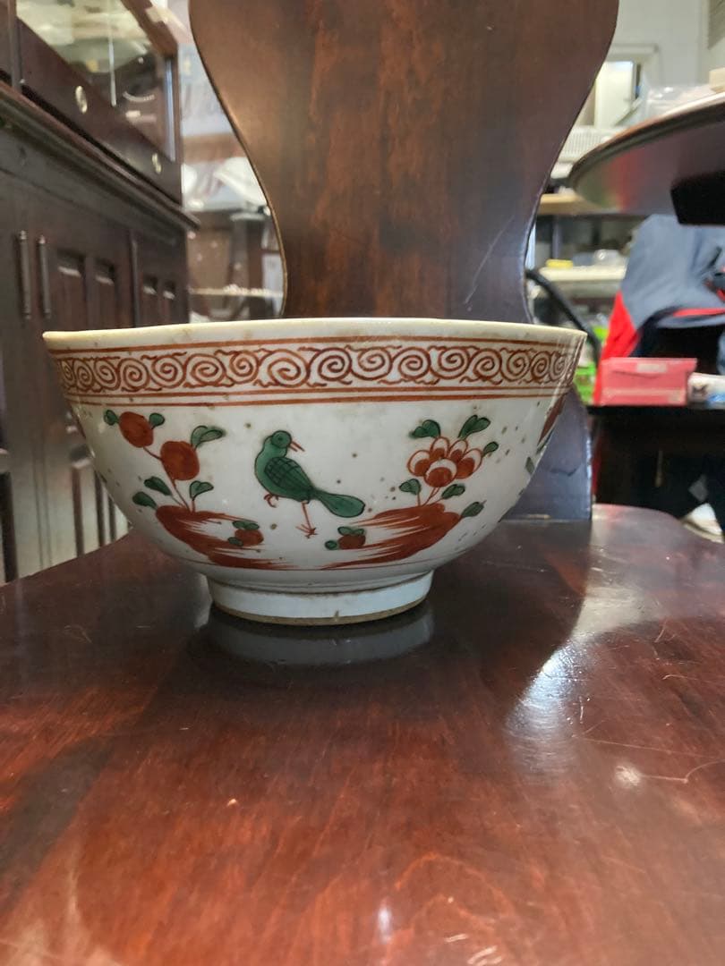 呉須赤絵　魁花鳥文鉢　中国　骨董　明、清時代