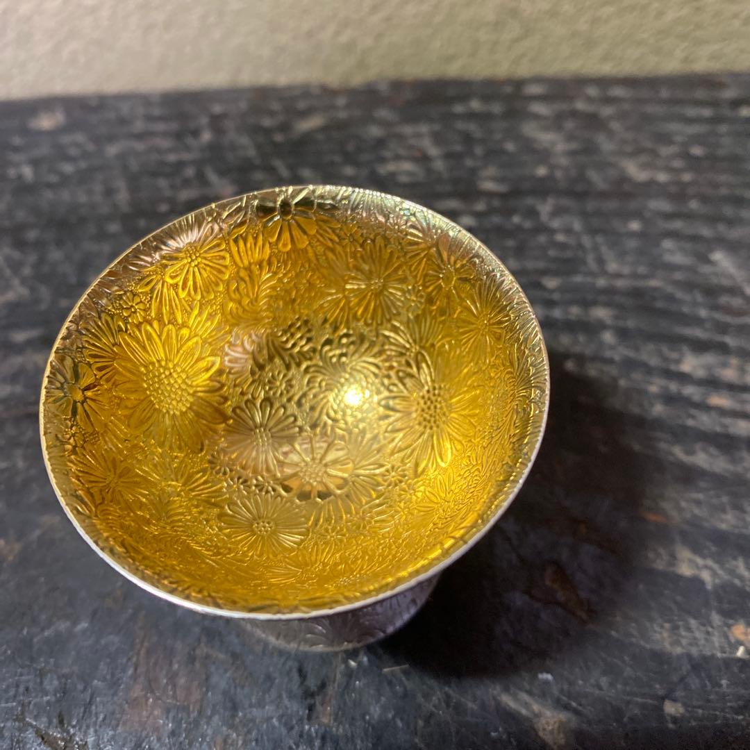純銀製 花模様 盃 共箱木箱付き　52g