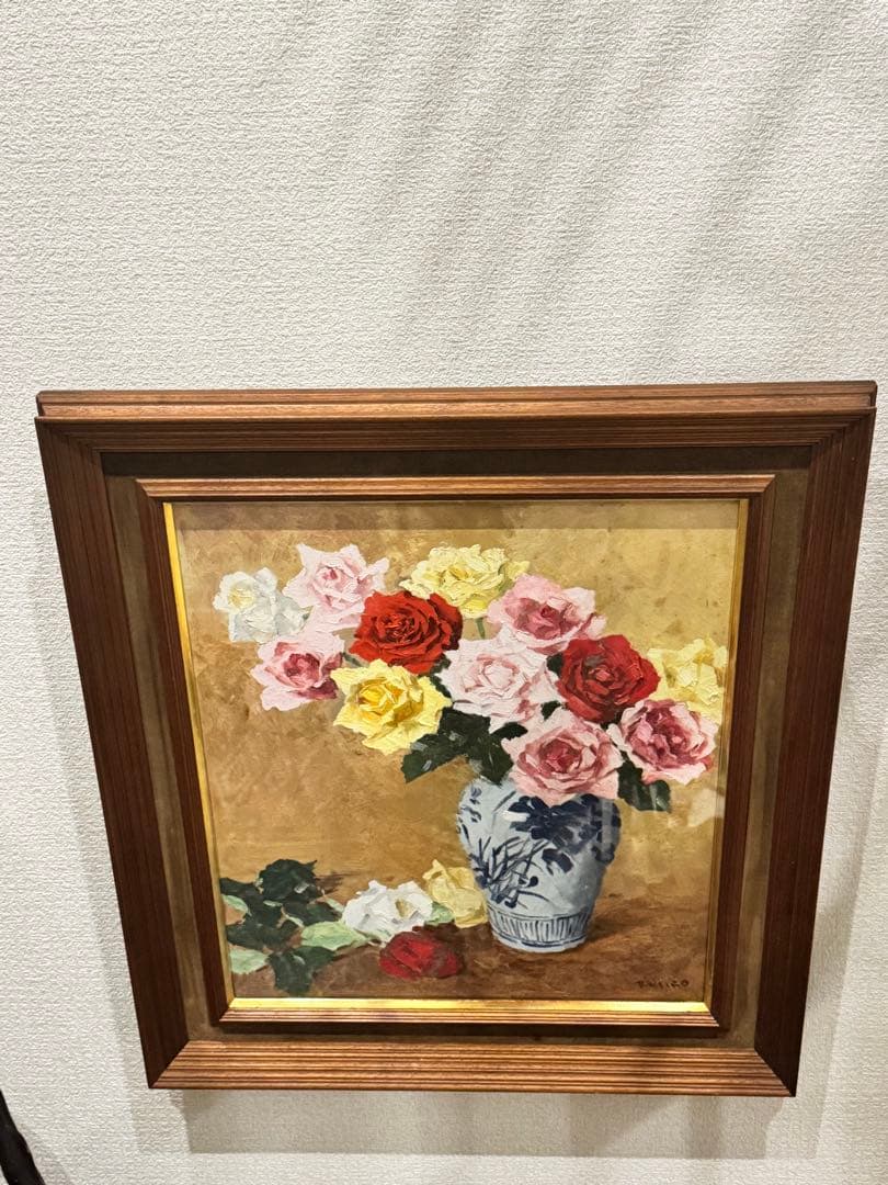 (14) 真作　関川富士郎　直筆サイン入　油彩　絵画　薔薇　アンティーク