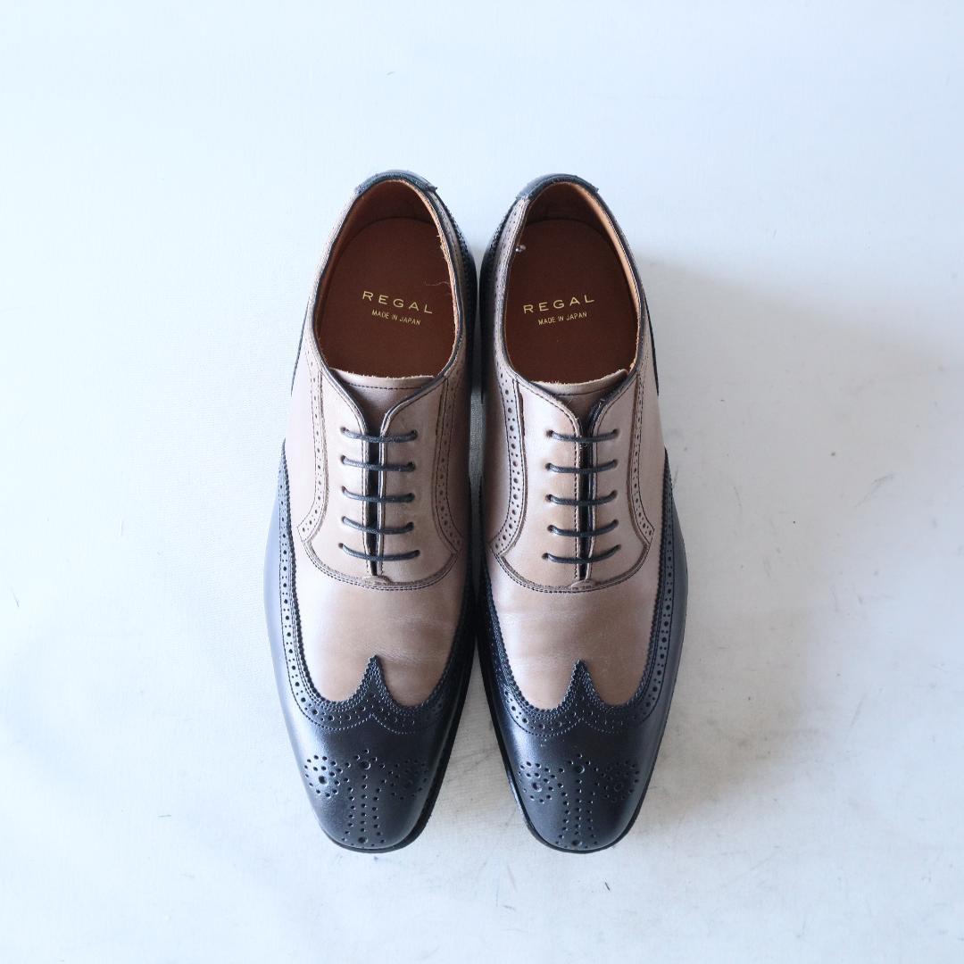 極美品リーガル　バイカラーウイングチップ　黒×グレージュ　24cm