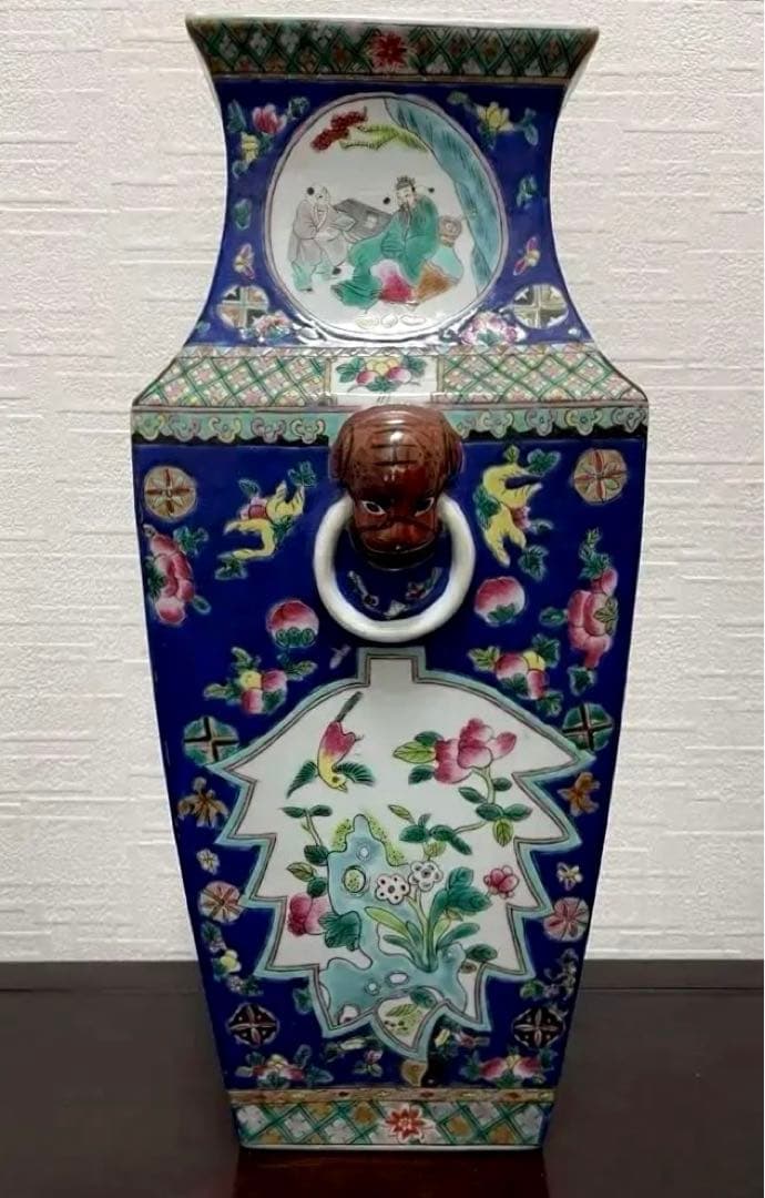 中国 粉彩 色絵 花鳥人物図 双耳四方瓶 古玩 古美術