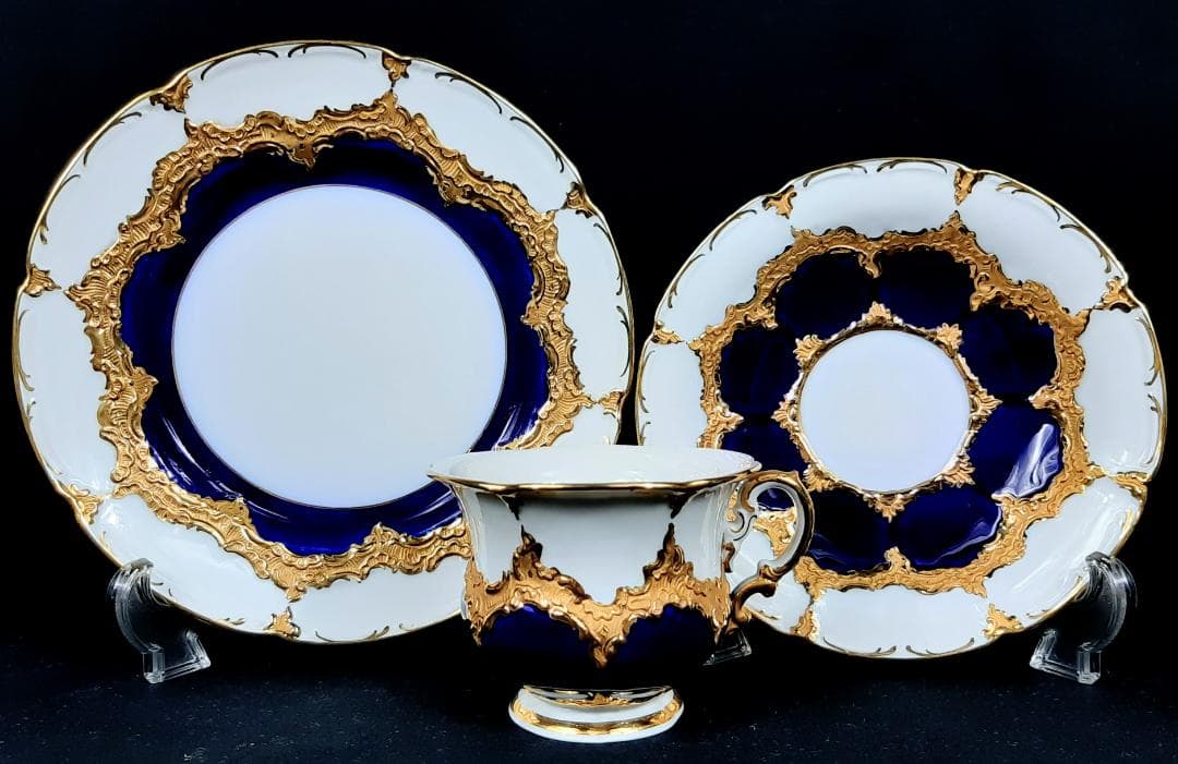 24金マイセングランツゴールドBフォーム紺カップ＆ソーサ＆プレート美品1級品 ホ