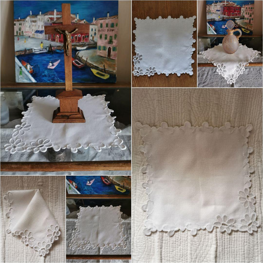 アンティークフランス 花びらチュールの西洋菊 スカラップ白糸刺繍 ハンカチクロス