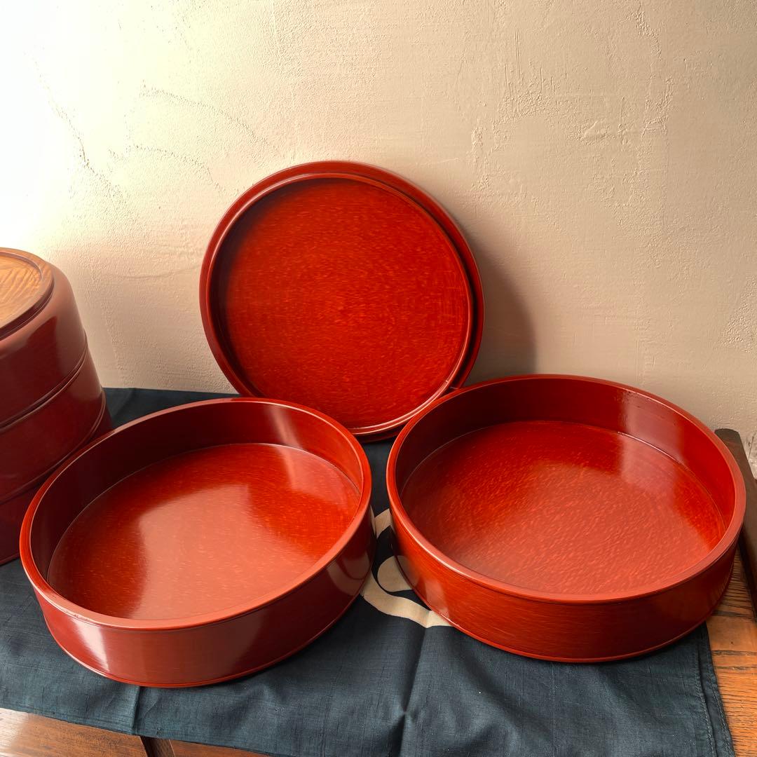 木製　漆器　丸型　重箱　5段重　朱塗り　四国塗　後藤塗　寿司桶　蓋物　日本製