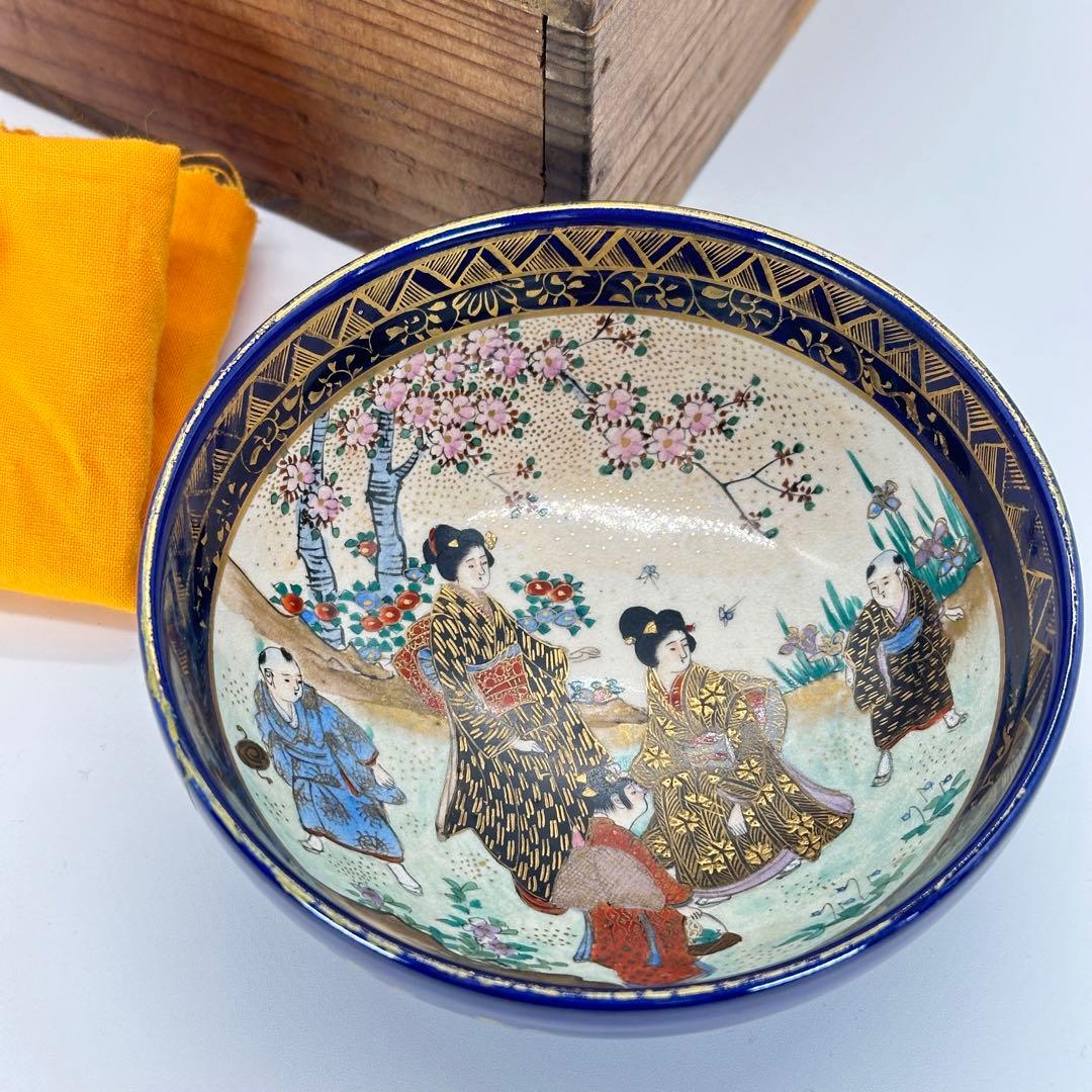 a479 送料無料 ※直し有り※ 錦光山銘 錦手瑠璃地金彩人物絵 京薩摩 茶碗