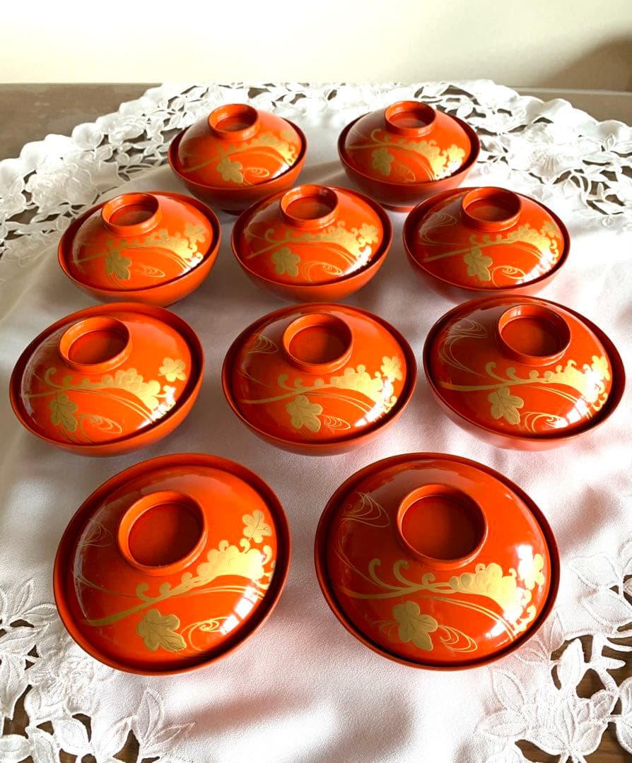 洗朱蒔絵蓋付き吸い物椀　9客　堅地家具師　文吉作　昭和初期　木製　手作り