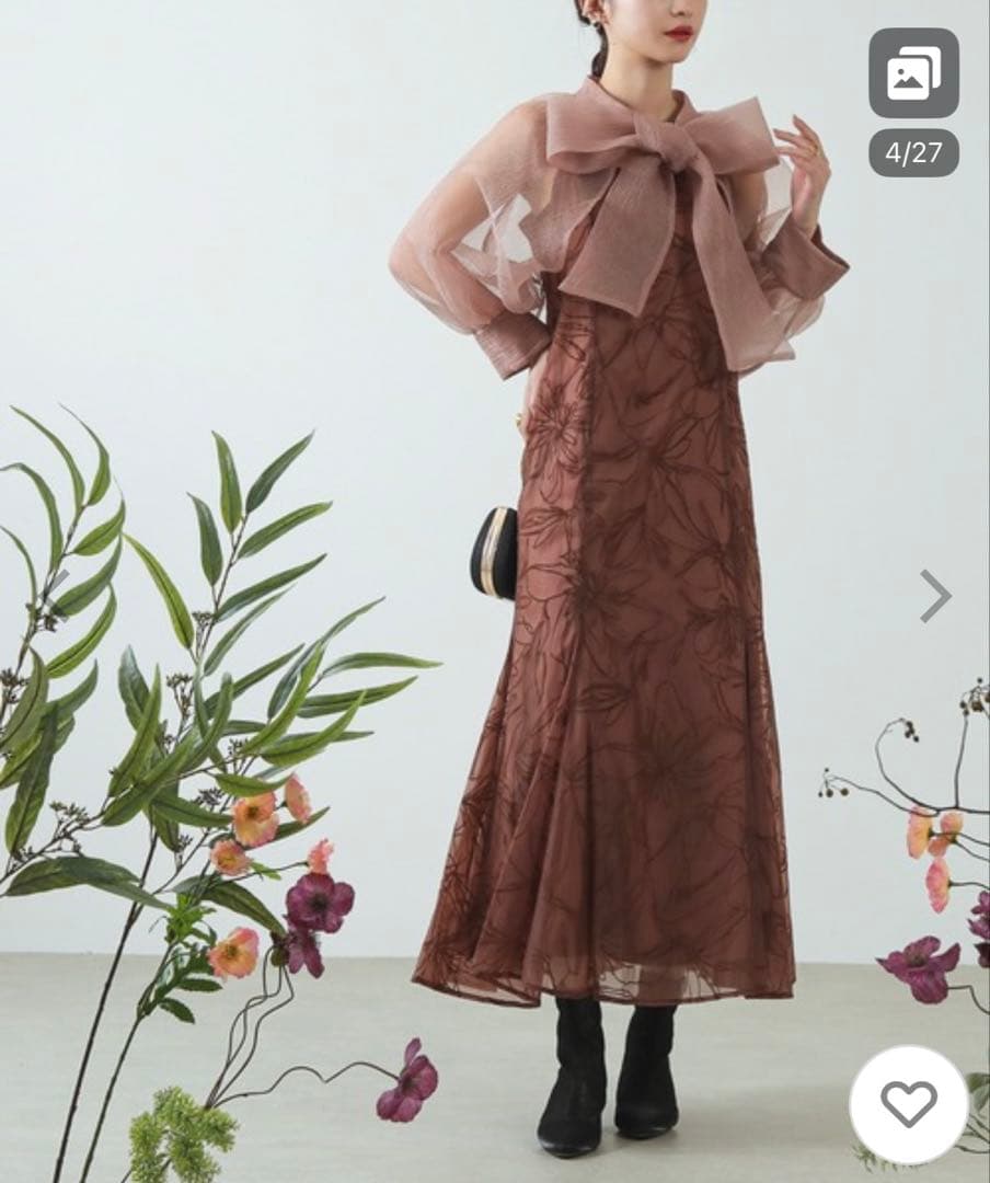 フローラル刺繍ブラウンマキシドレス