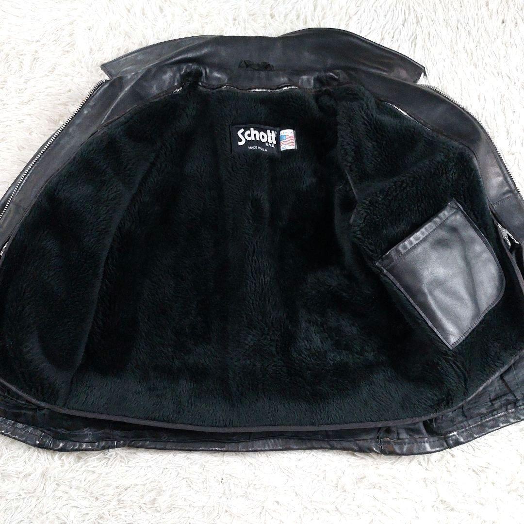 Schott USA製 襟付き ボアライナー レザーライダースジャケット 黒42