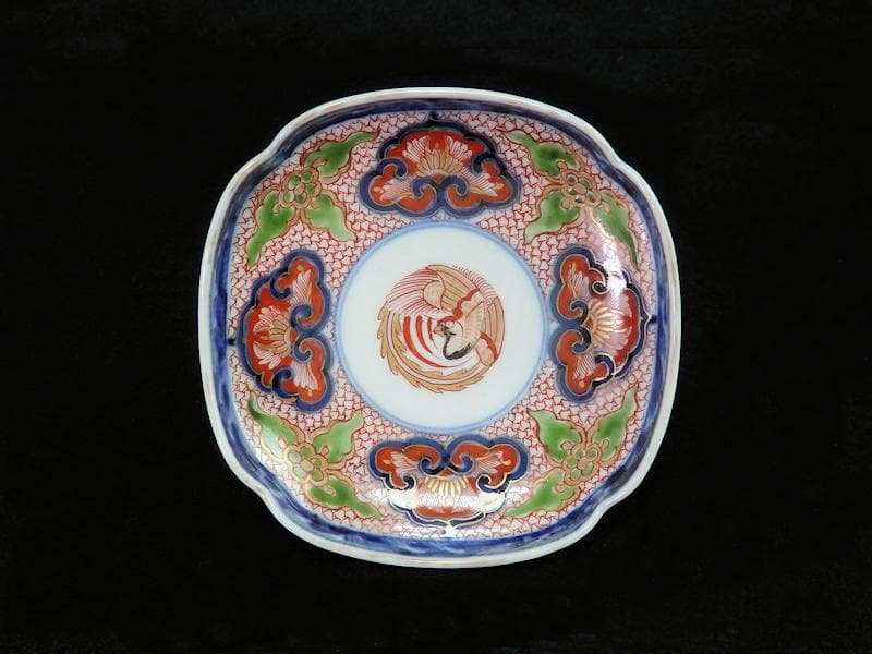 大聖寺伊万里　金襴手鳳凰に毘沙門亀甲紋の図　四方角皿　５枚B249AS-fbbg