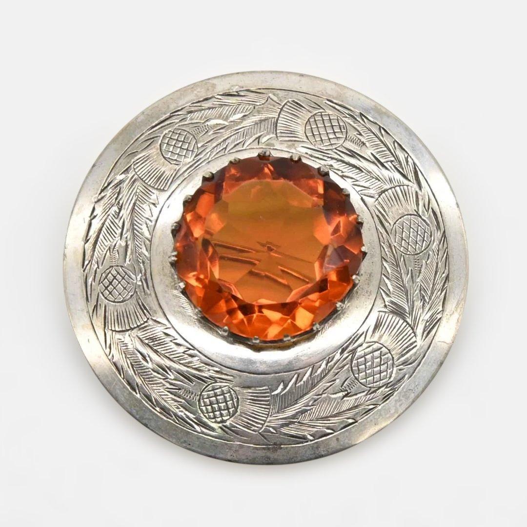 スコティッシュブローチ　キルトの留め具　アザミ模様、水晶　英国　s2282