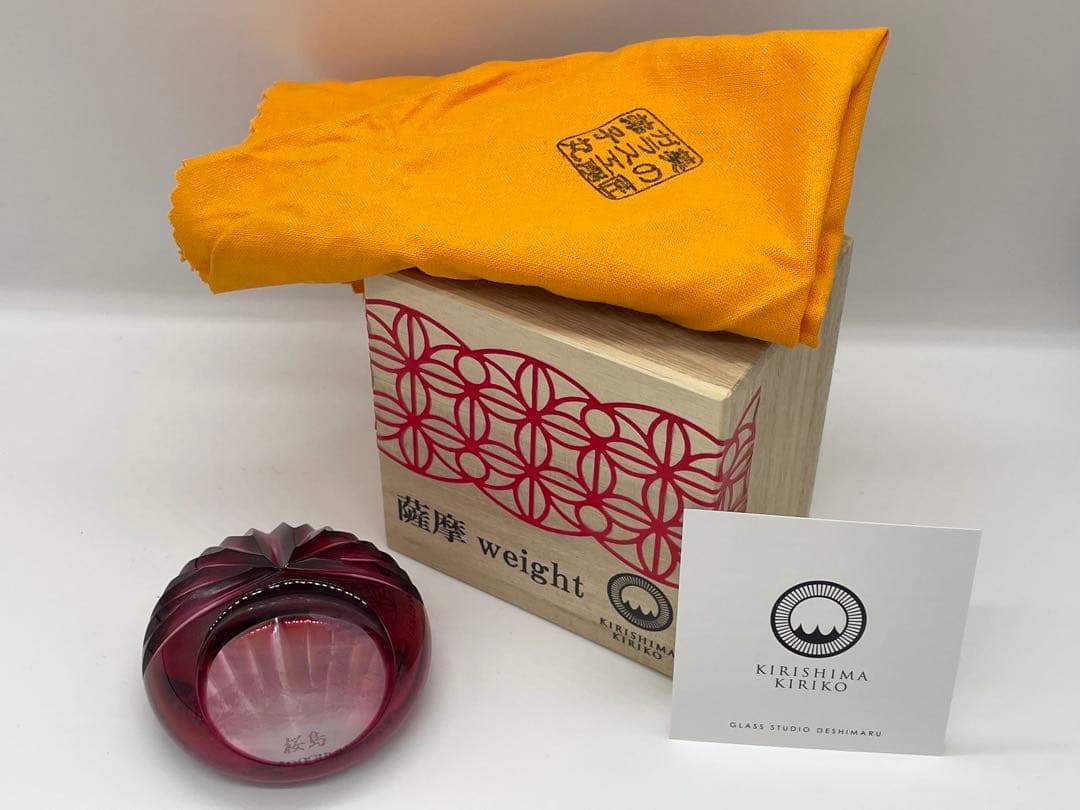 【未使用新品】薩摩切子 弟子丸 weight 切子 文鎮 鹿児島 桜島 共箱他付