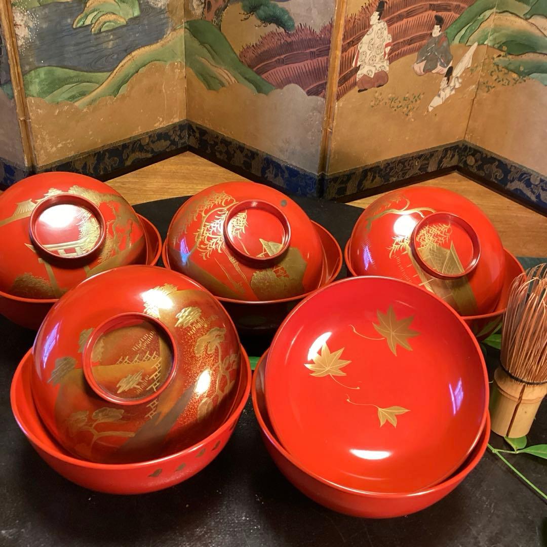 A902木製輪島塗　懐石道具　赤　古典風景蒔絵　　『塗師銘仁左衛門』　５客