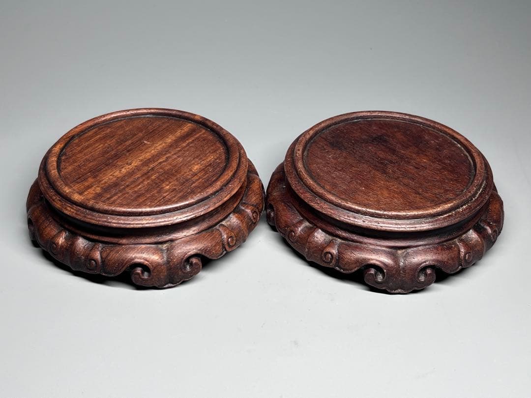古美術　唐木　花台一対　飾り台　巻雲紋　華道具　盆栽台　置物　香炉台　木製