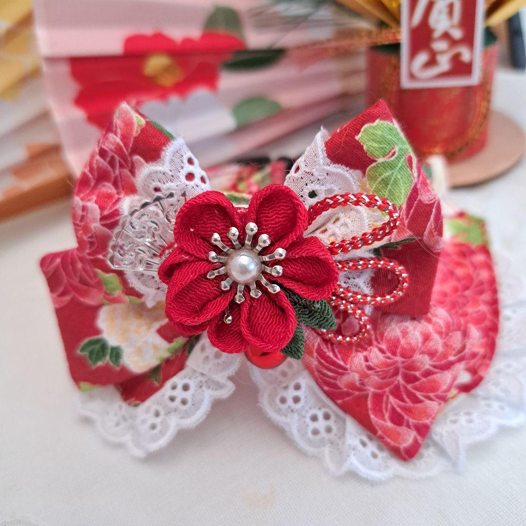 お正月仕様和風つまみ細工(赤①)わんちゃん猫ちゃん用襟つき首輪