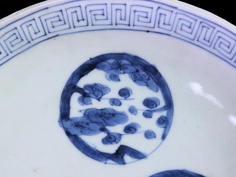 古伊万里　染付 丸紋に松竹梅の図　分銅型６寸皿　５枚　E674AS-CQl