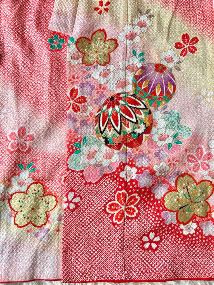 七五三 赤とピンクの花柄着物 作り帯 はこせこセット ７歳