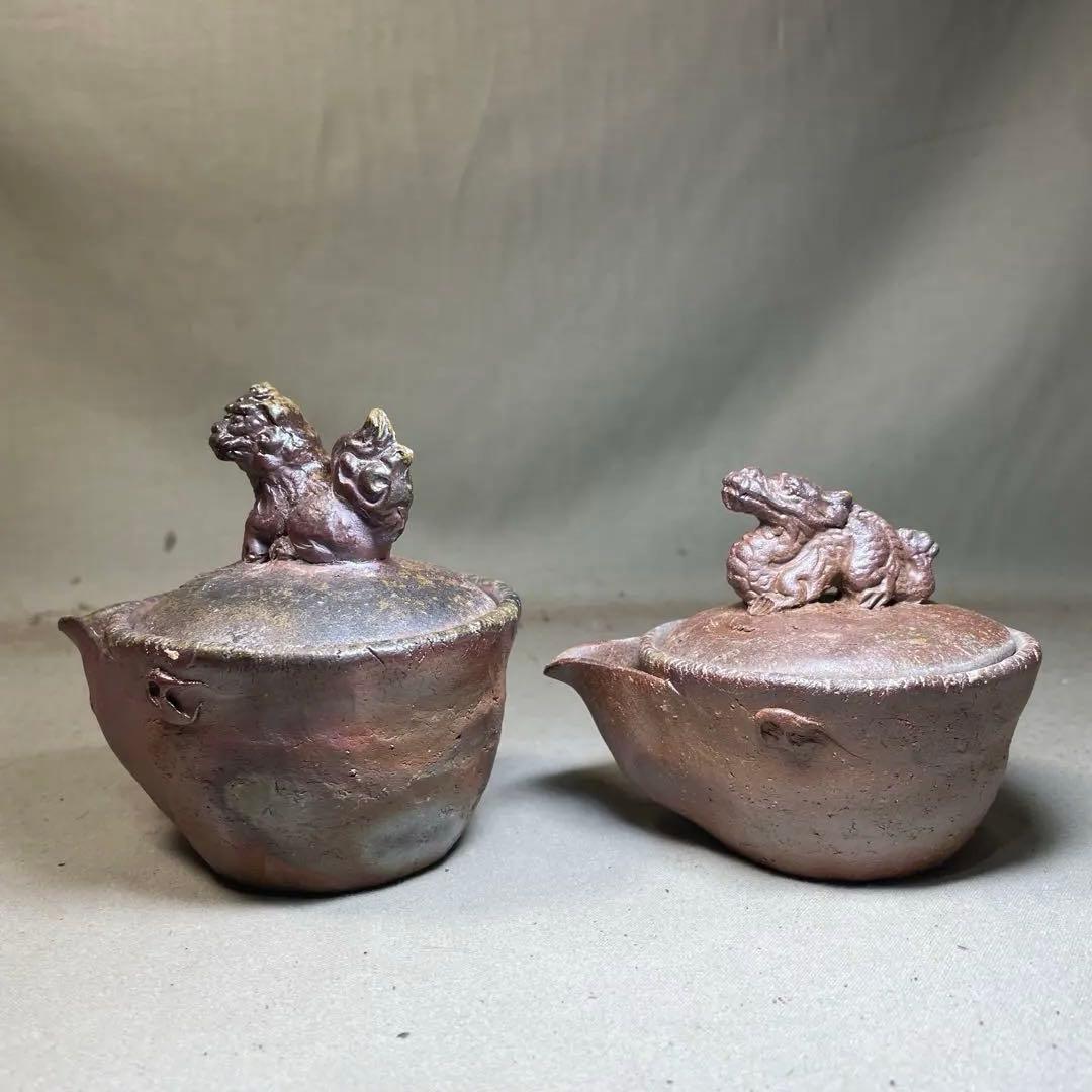 備前焼　備前手造り龍宝瓶　獅子宝瓶 在銘 ２点セット 煎茶器 急須 煎