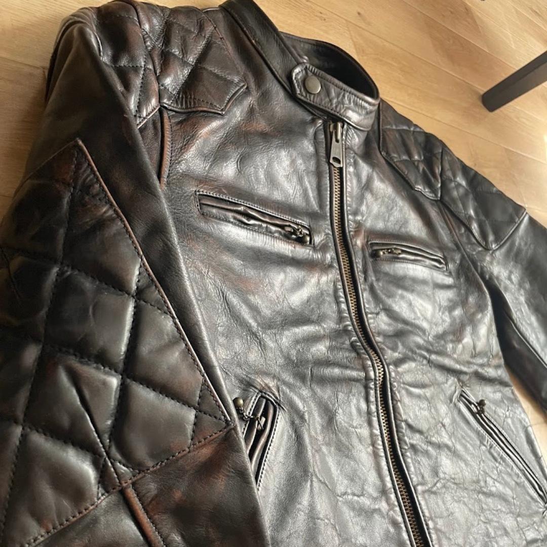シングルライダース 牛革 本革 レザージャケット 黒 茶 Lサイズ 中国製 古着