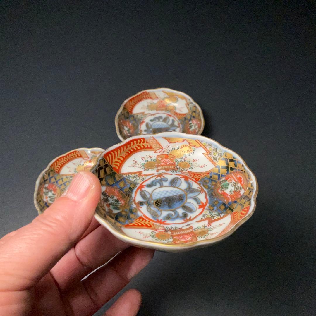 伊万里金襴手花に鳥籠図手塩皿3枚∅8㎝　骨董　古伊万里　通り文　R1357ダF