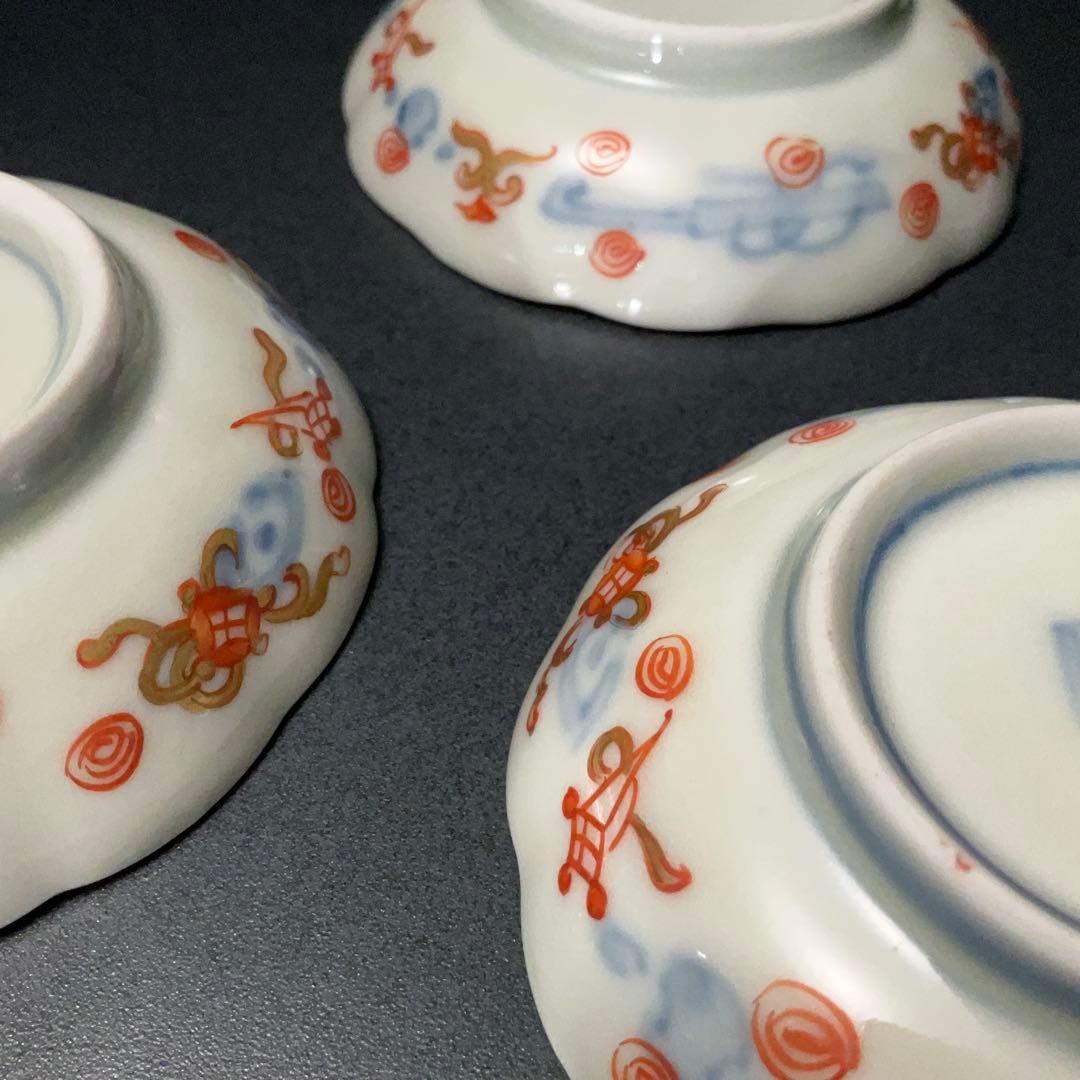 伊万里金襴手花に鳥籠図手塩皿3枚∅8㎝　骨董　古伊万里　通り文　R1357ダF