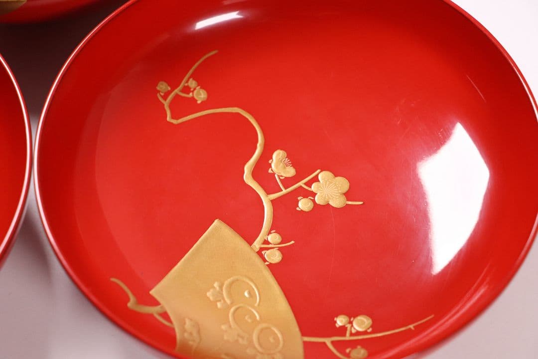 CK87 輪島塗 扇面四君子 金蒔絵 朱塗椀 三客 木製漆器 / 茶懐石 菓子椀